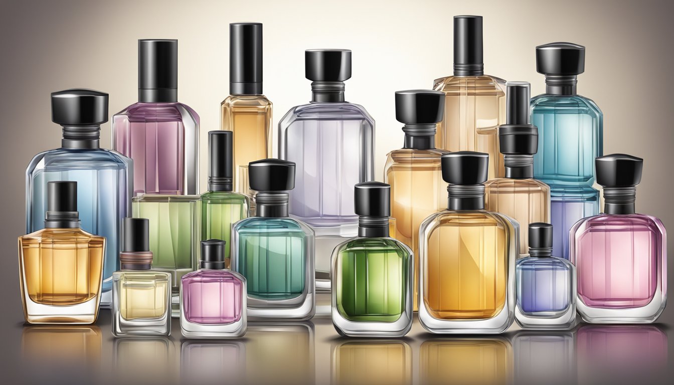 A table displays various perfume bottles labeled with different fragrance types for men