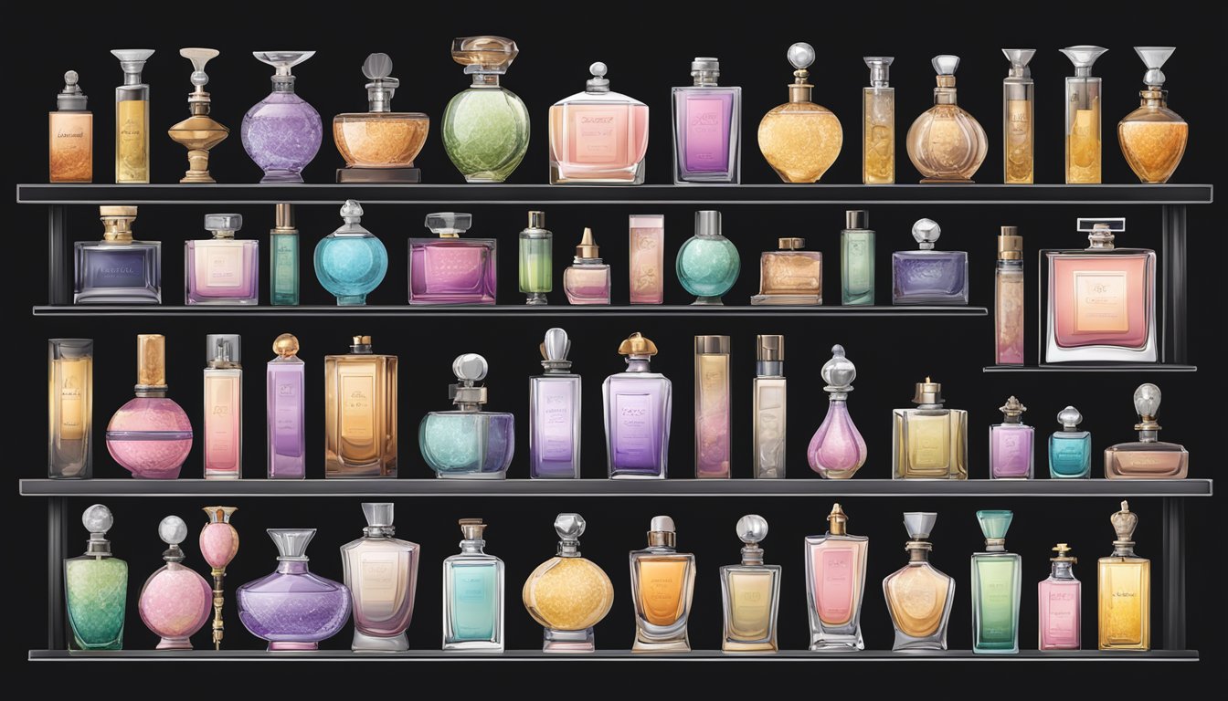 A row of iconic perfume bottles, each with distinct labels and scents, displayed on a sleek black shelf