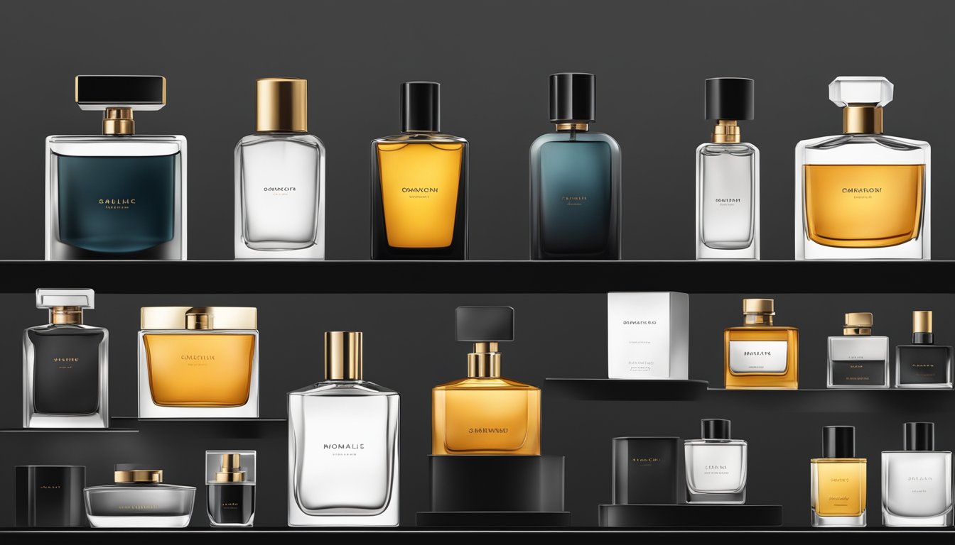 A sleek display of masculine perfume bottles with various scent profiles and ingredients, arranged on a minimalist black shelf against a clean white backdrop