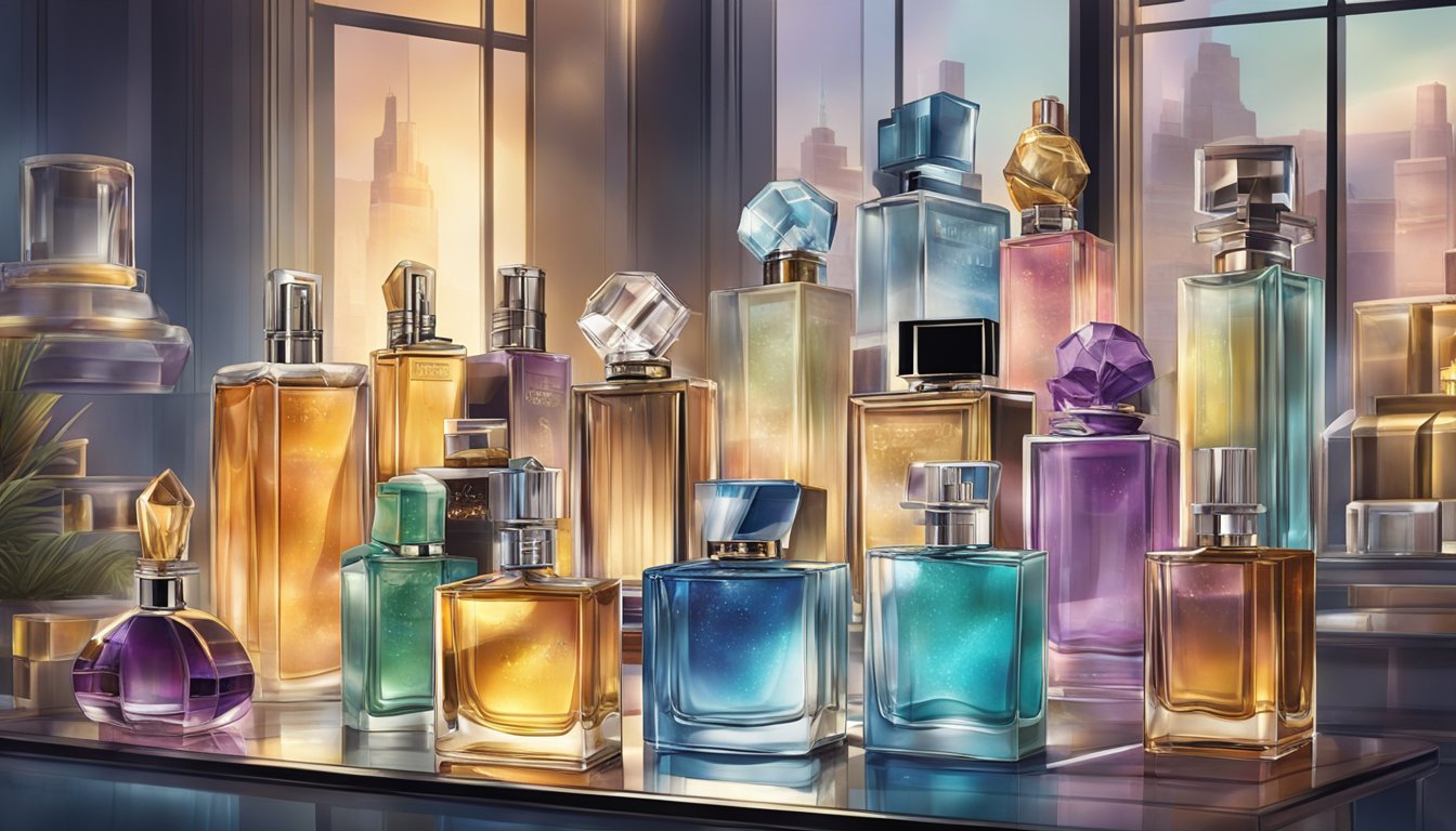 A table displays various perfume bottles for men, each with distinct labels and scents. Light streams in from a nearby window, illuminating the array of choices