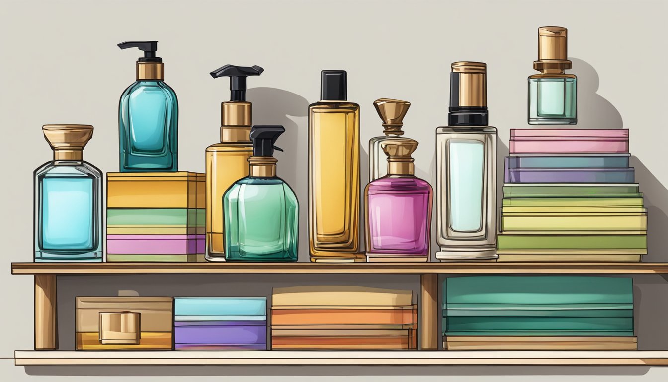 A table with various colognes, a cloth for cleaning, and a shelf with organized perfume bottles
