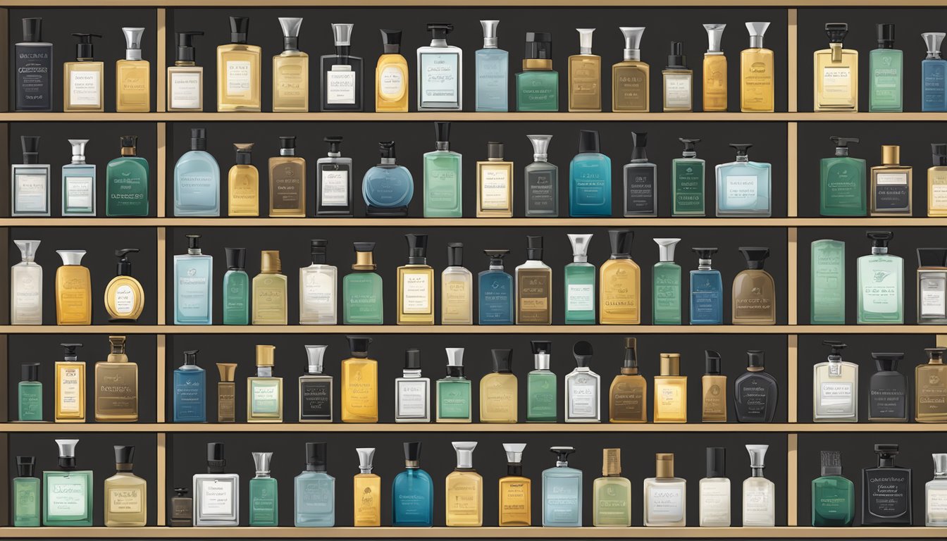 A display of various cologne bottles with "Frequently Asked Questions" labels for male customers