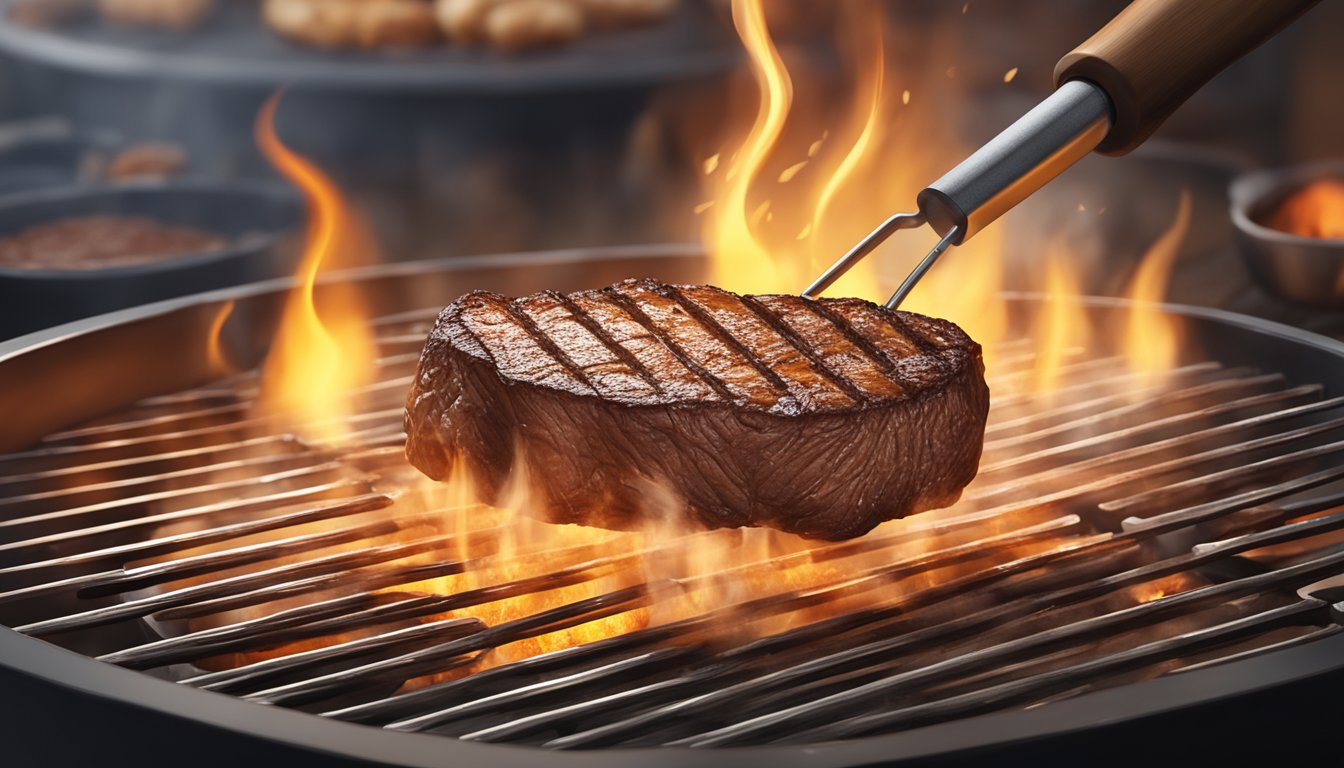 A sizzling steak on a grill with a personalized branding iron searing a name into the meat