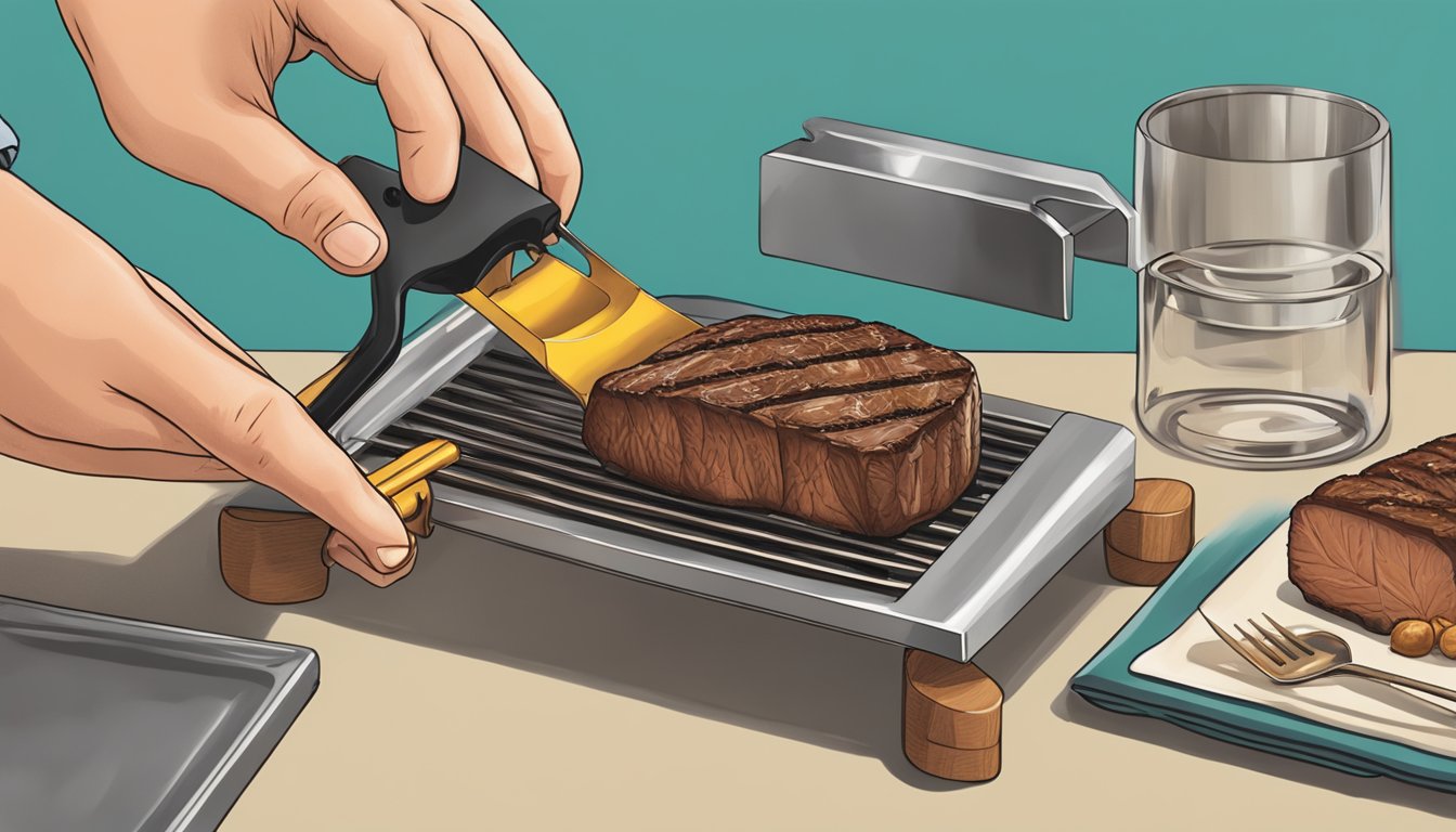 A hand reaches for a personalized steak branding iron from a display of options