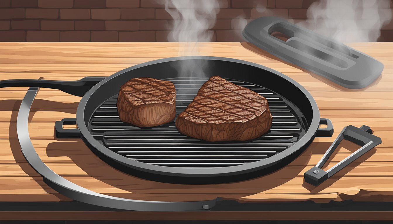A sizzling steak on a grill, with a personalized branding iron searing a custom logo onto the meat, showcasing the versatility of branding irons