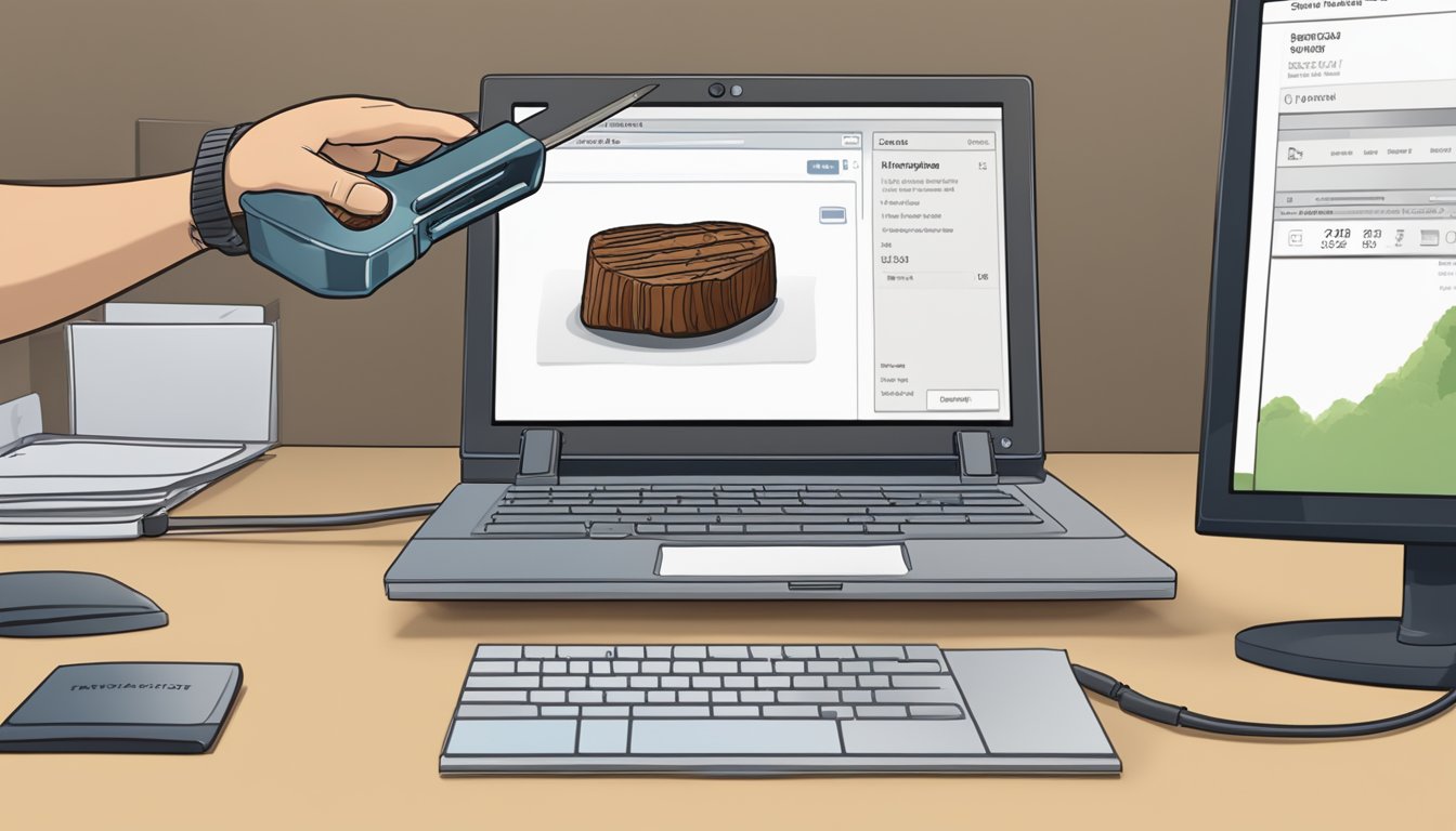 A hand reaches for a personalized steak branding iron on a computer screen, with shipping information and payment details visible