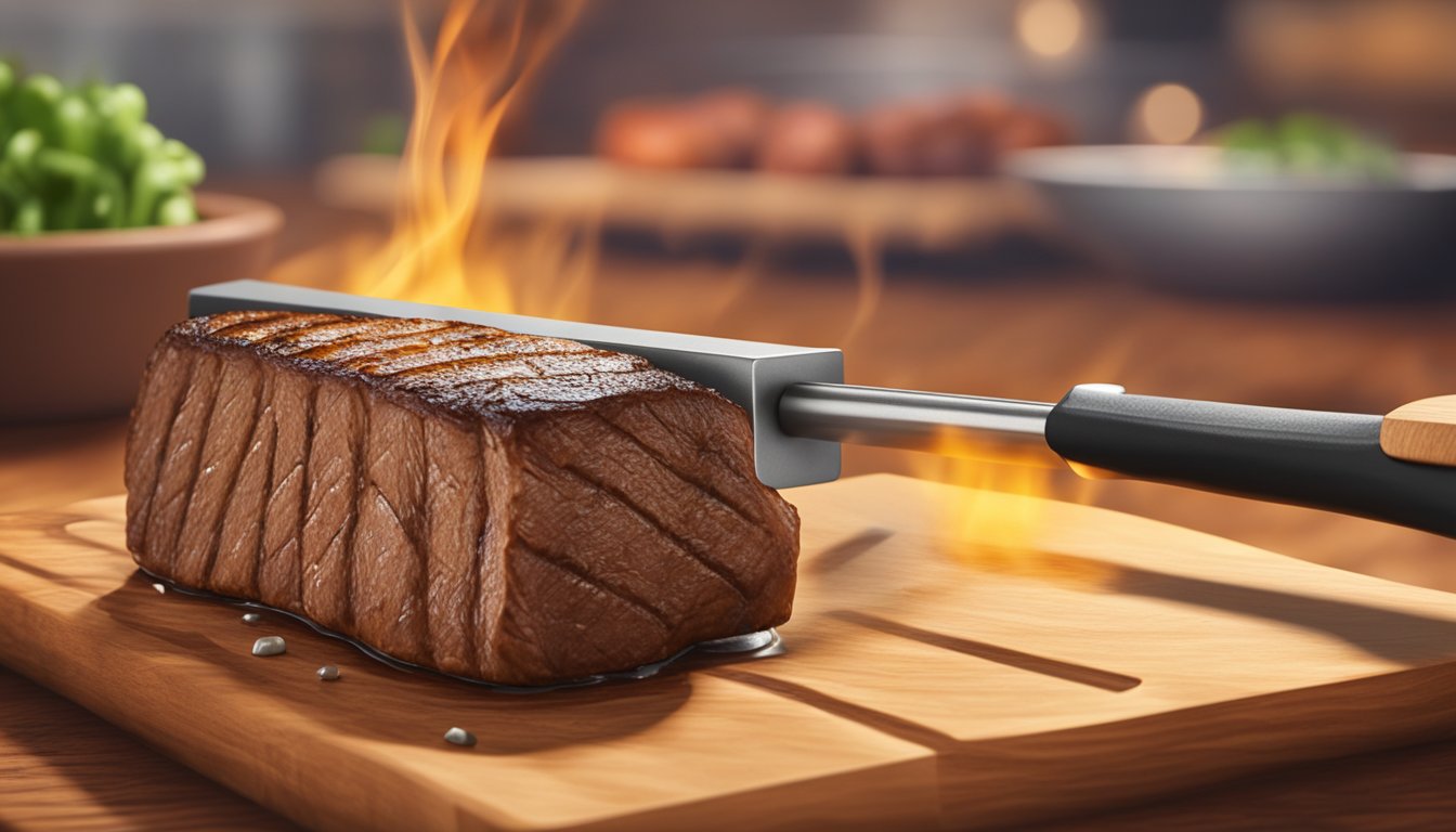 A personalized steak branding iron sits on a wooden cutting board, with a sizzling steak on a grill in the background