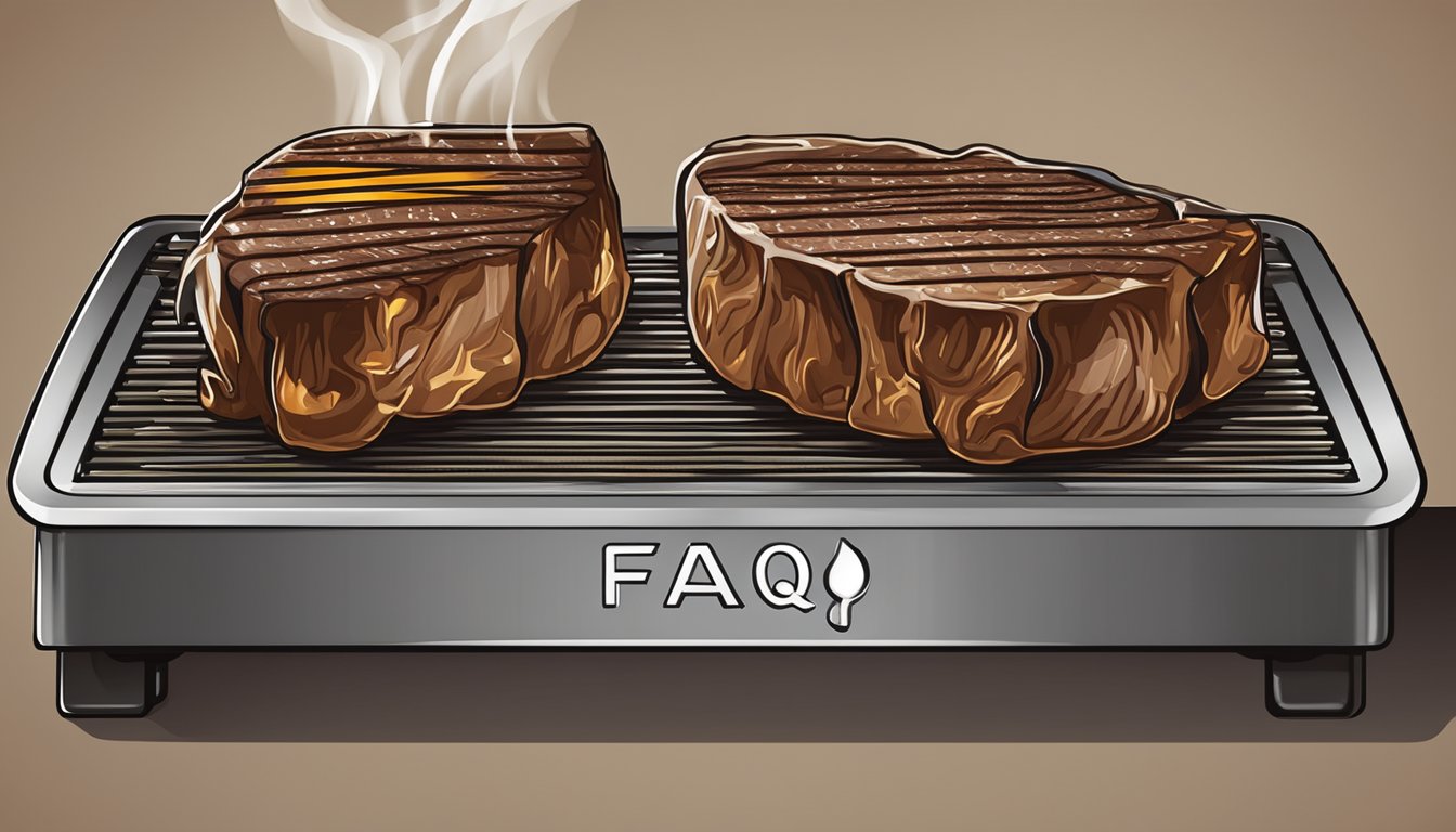 A sizzling steak on a grill with a personalized branding iron searing the letters "FAQ" into the meat