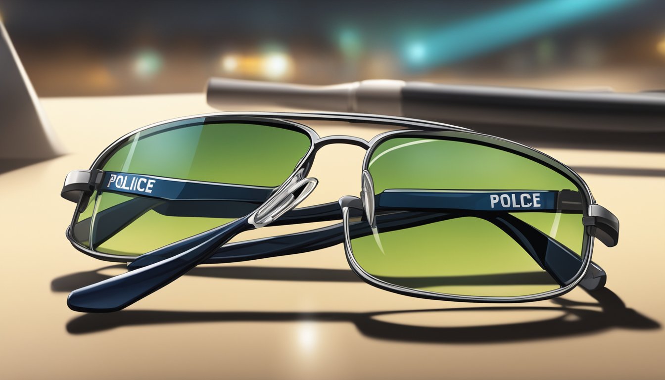 A pair of police brand glasses sits on a table, catching the light and reflecting the surrounding environment