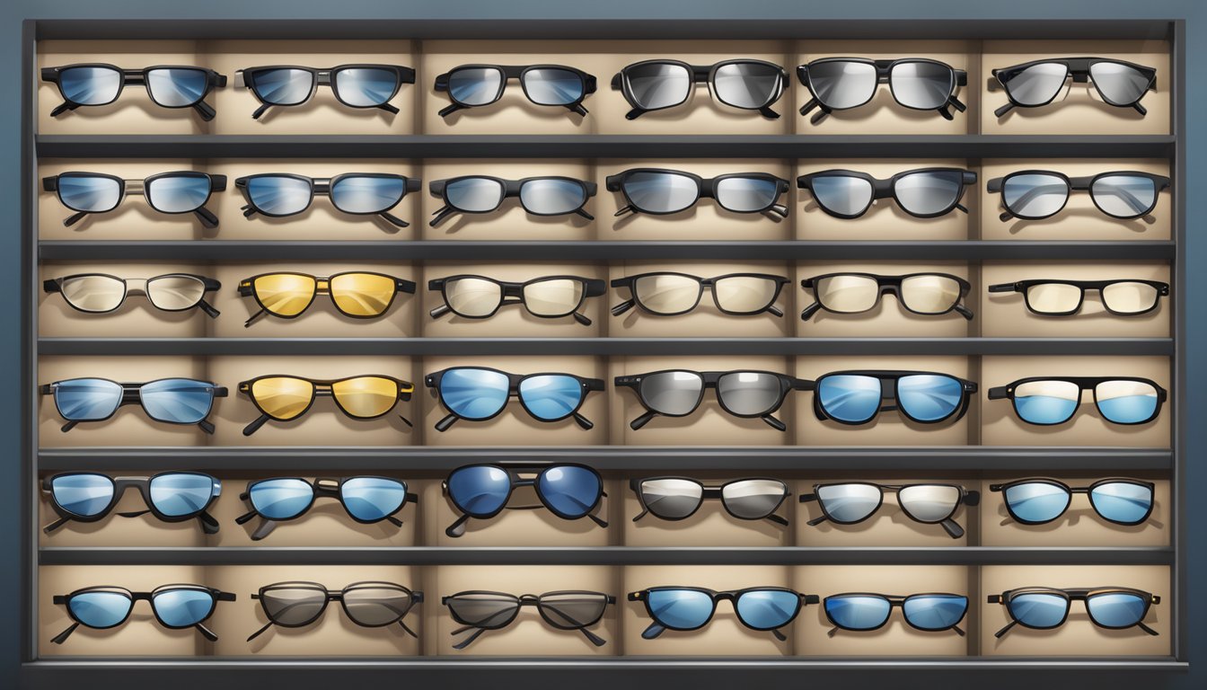 A display of police brand glasses arranged neatly on a shelf in a collection range