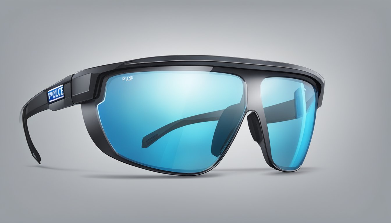 A sleek, modern pair of police brand glasses, blending fashion and functionality with a bold logo and high-tech features