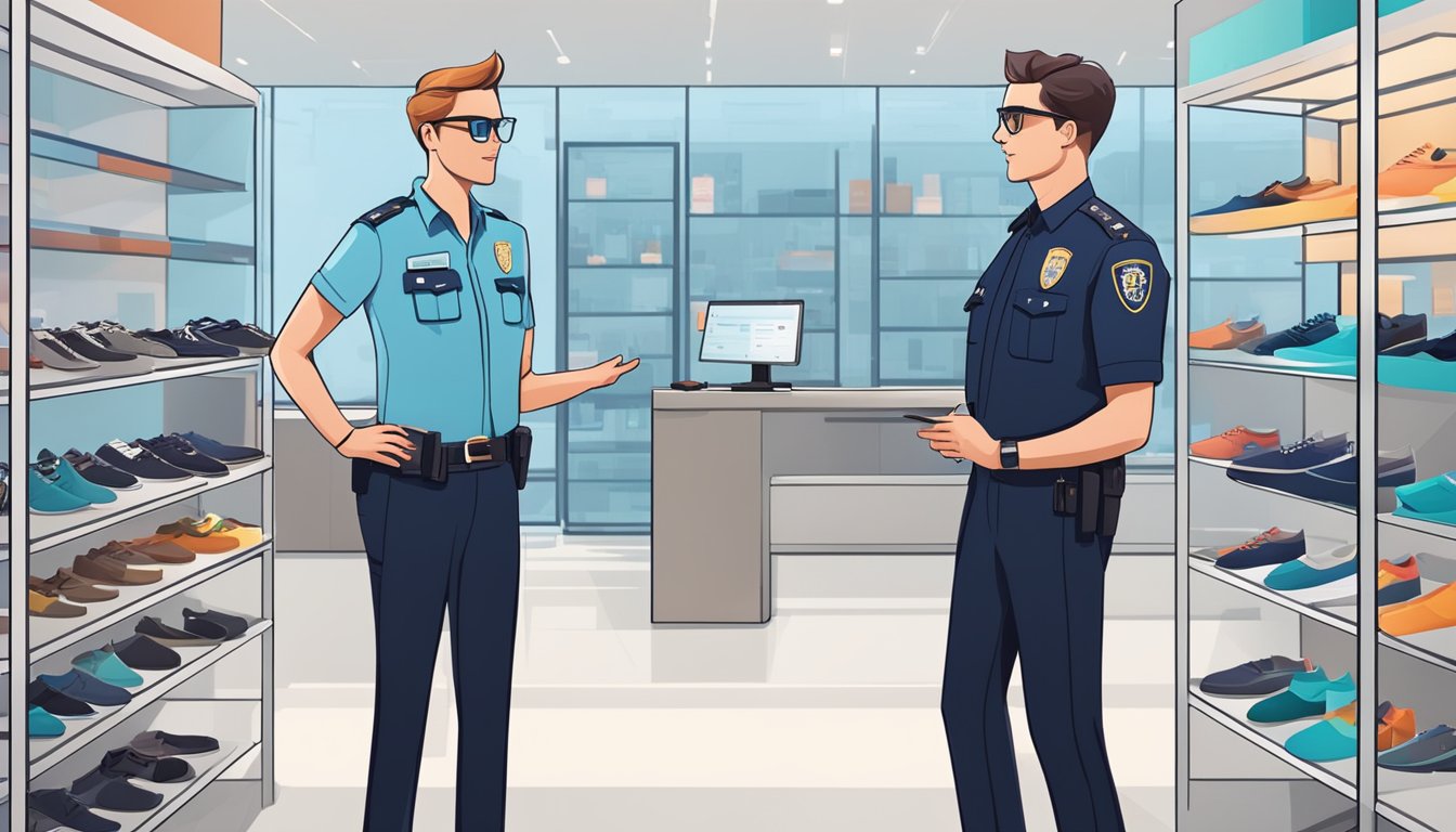 A customer tries on Police brand glasses in a modern, well-lit store with sleek displays and a professional salesperson