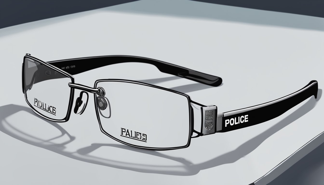A pair of police brand glasses with "Frequently Asked Questions" engraved on the frame, resting on a sleek, modern tabletop