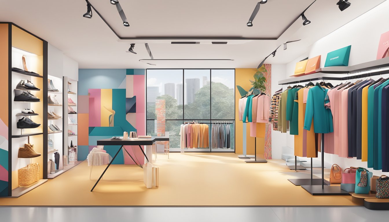 A vibrant display of iconic Singaporean fashion brands showcased in a modern boutique setting with sleek, minimalist designs and bold, colorful patterns