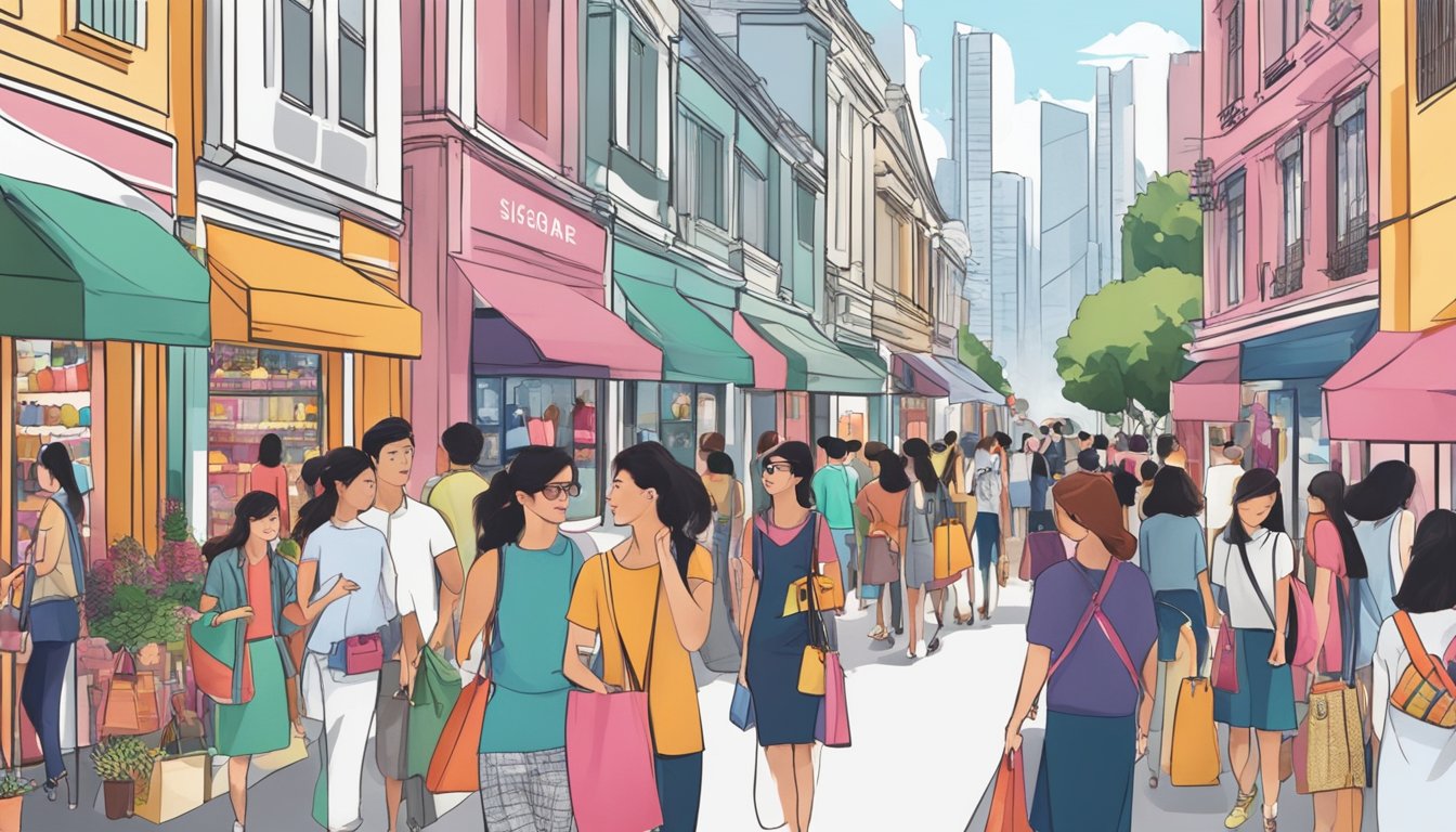 A bustling Singapore street lined with colorful storefronts showcasing popular fashion brands. Shoppers browse through racks of trendy clothing and accessories, while the city skyline looms in the background