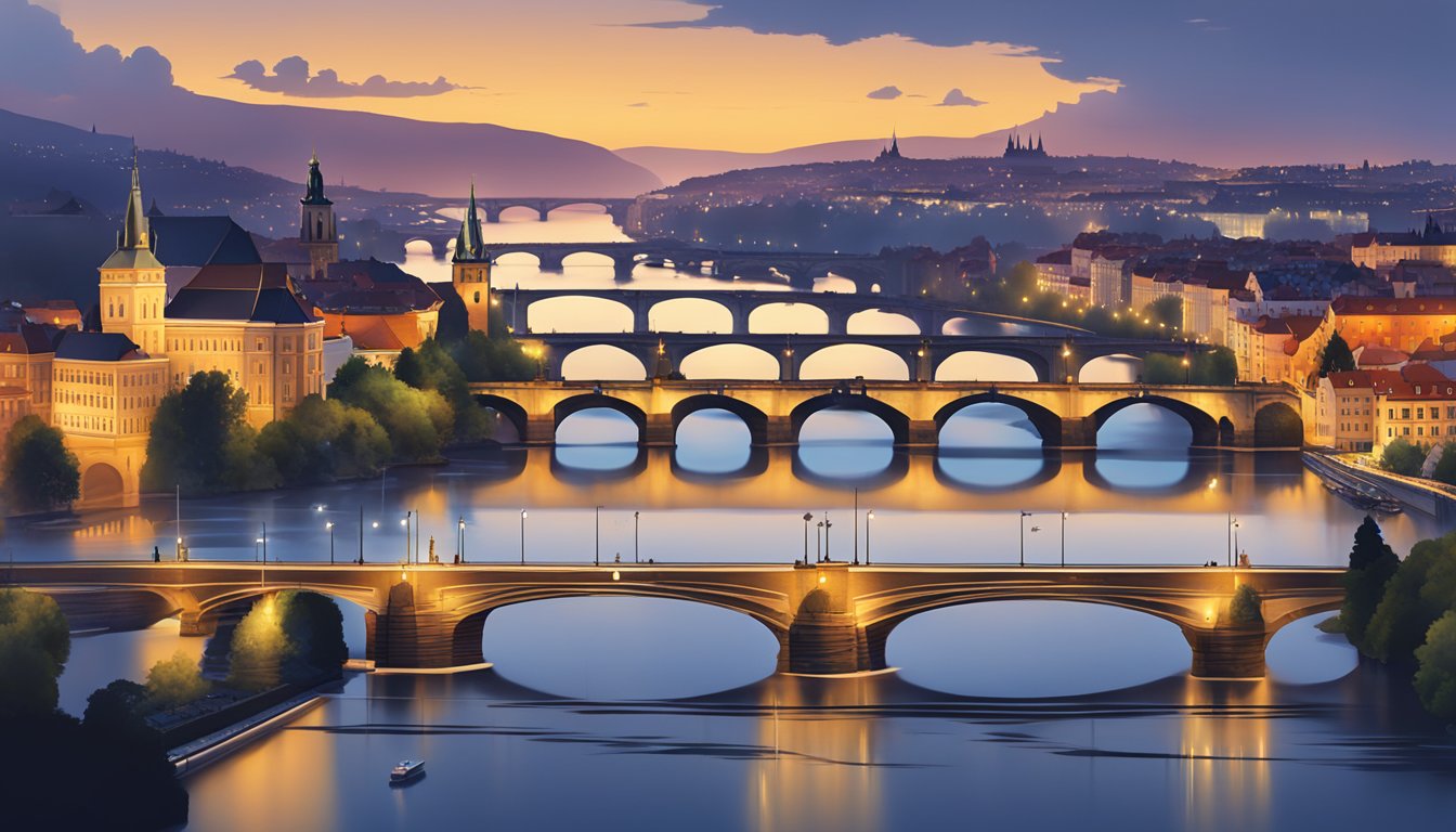 The iconic Prague brand logo stands out against the city skyline at dusk