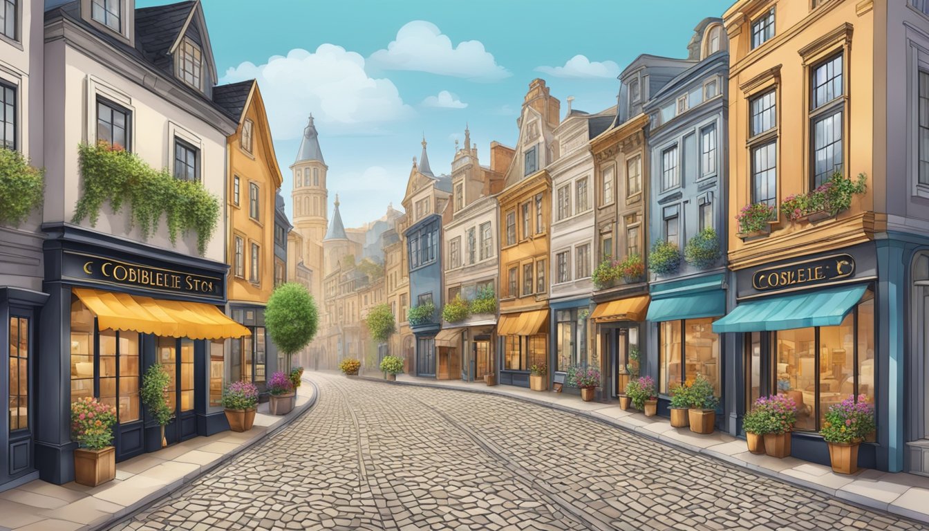 Busy cobblestone street lined with colorful historic buildings, adorned with ornate signage for luxury boutiques and renowned designer shops