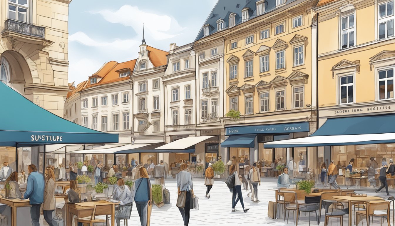 A bustling city square with modern Czech fashion boutiques and stylish design studios in Prague