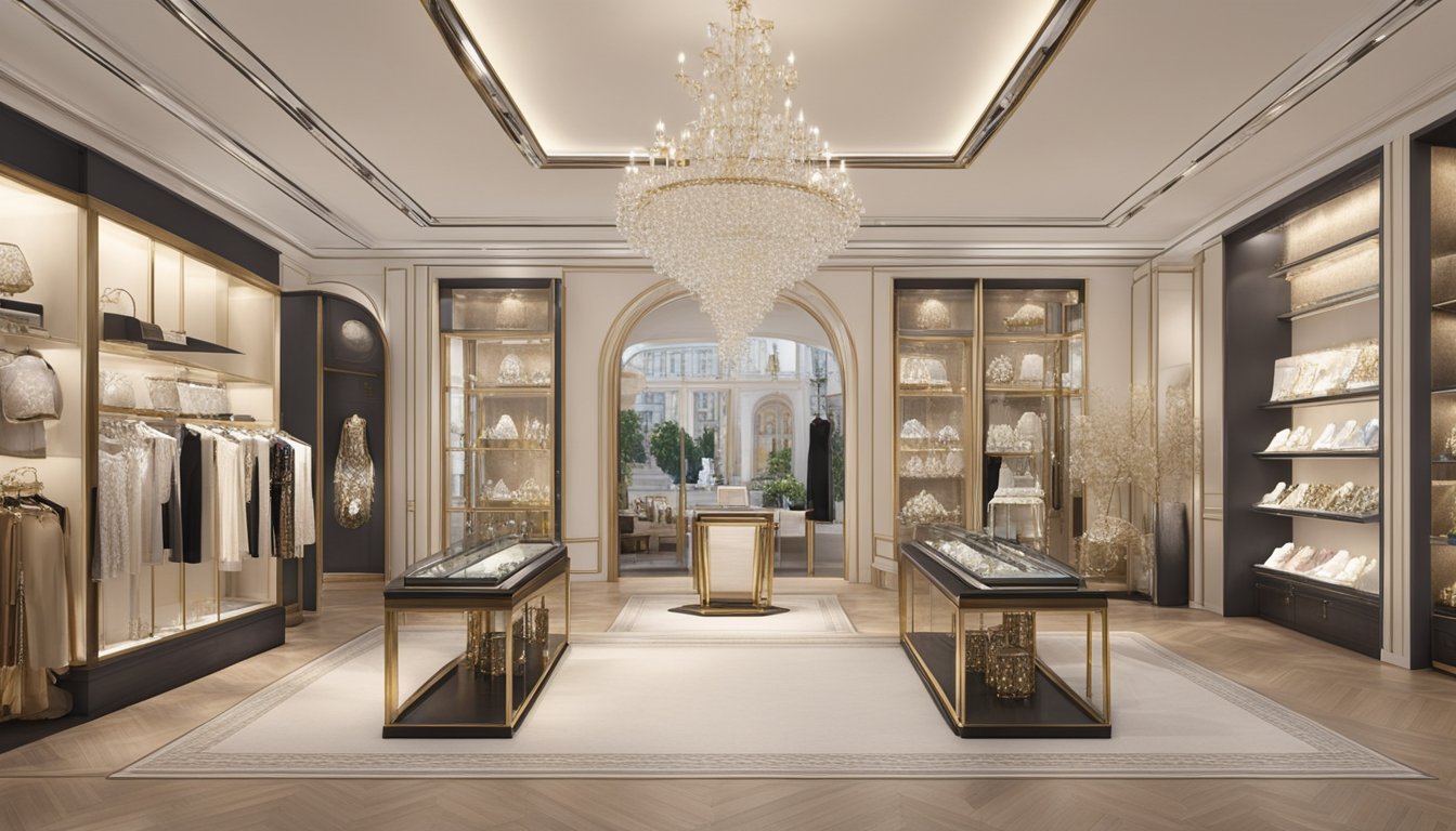 A luxurious display of high-end fashion and jewelry in a grand Prague boutique. Shimmering gemstones and elegant designs adorn the opulent setting