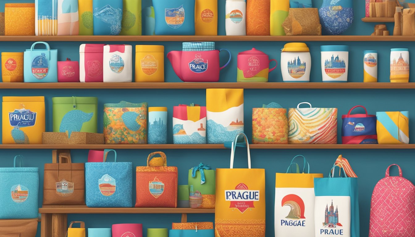 A colorful display of Prague-branded souvenirs and unique gifts. The products are arranged neatly on shelves and tables, with the Prague brand logo prominent