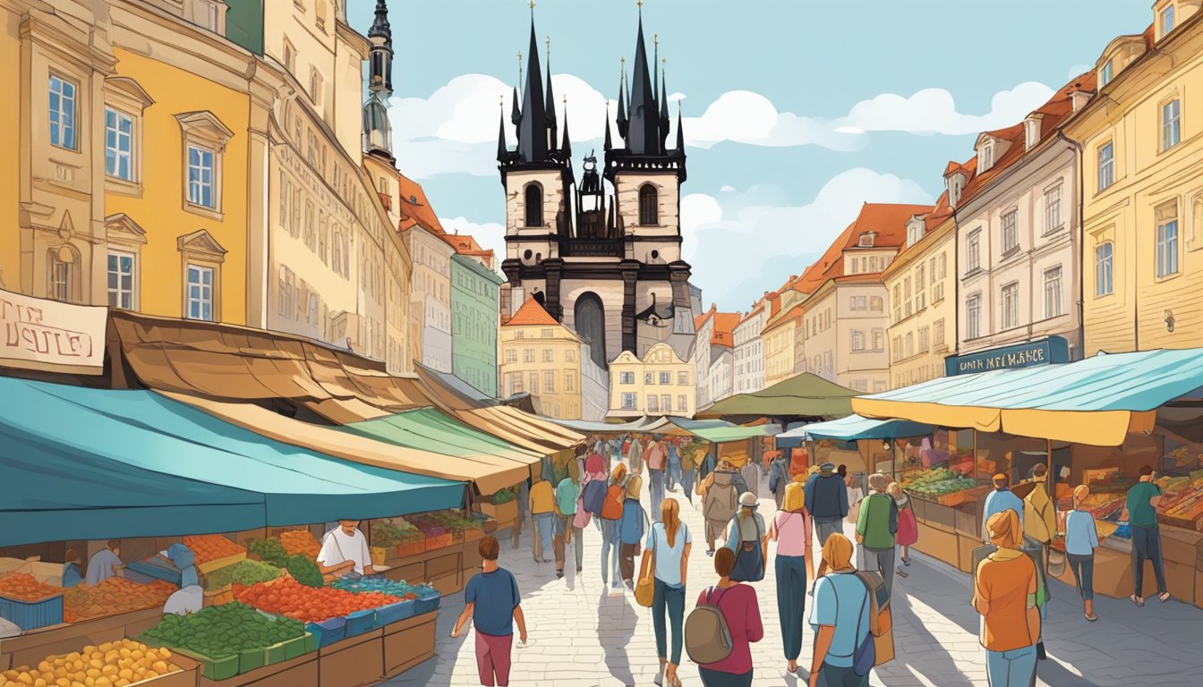 A bustling marketplace in Prague, with colorful stalls and a prominent sign reading "Frequently Asked Questions Prague Brand." Tourists and locals browse the goods, creating a lively atmosphere