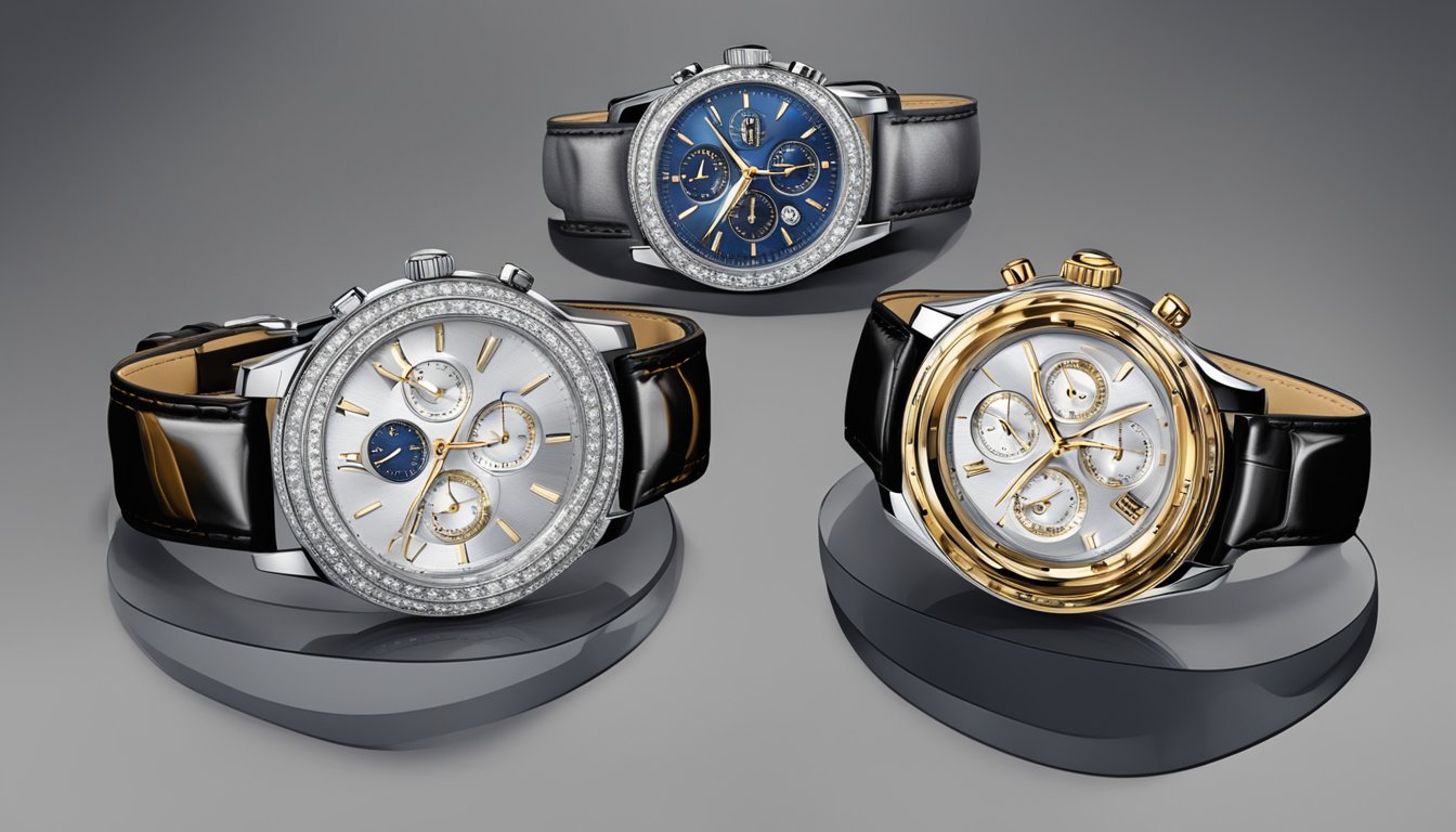 A display of luxury wristwatches arranged on velvet cushions in a sleek, modern glass case. Spotlighting highlights the intricate details and elegant designs of the premium brands