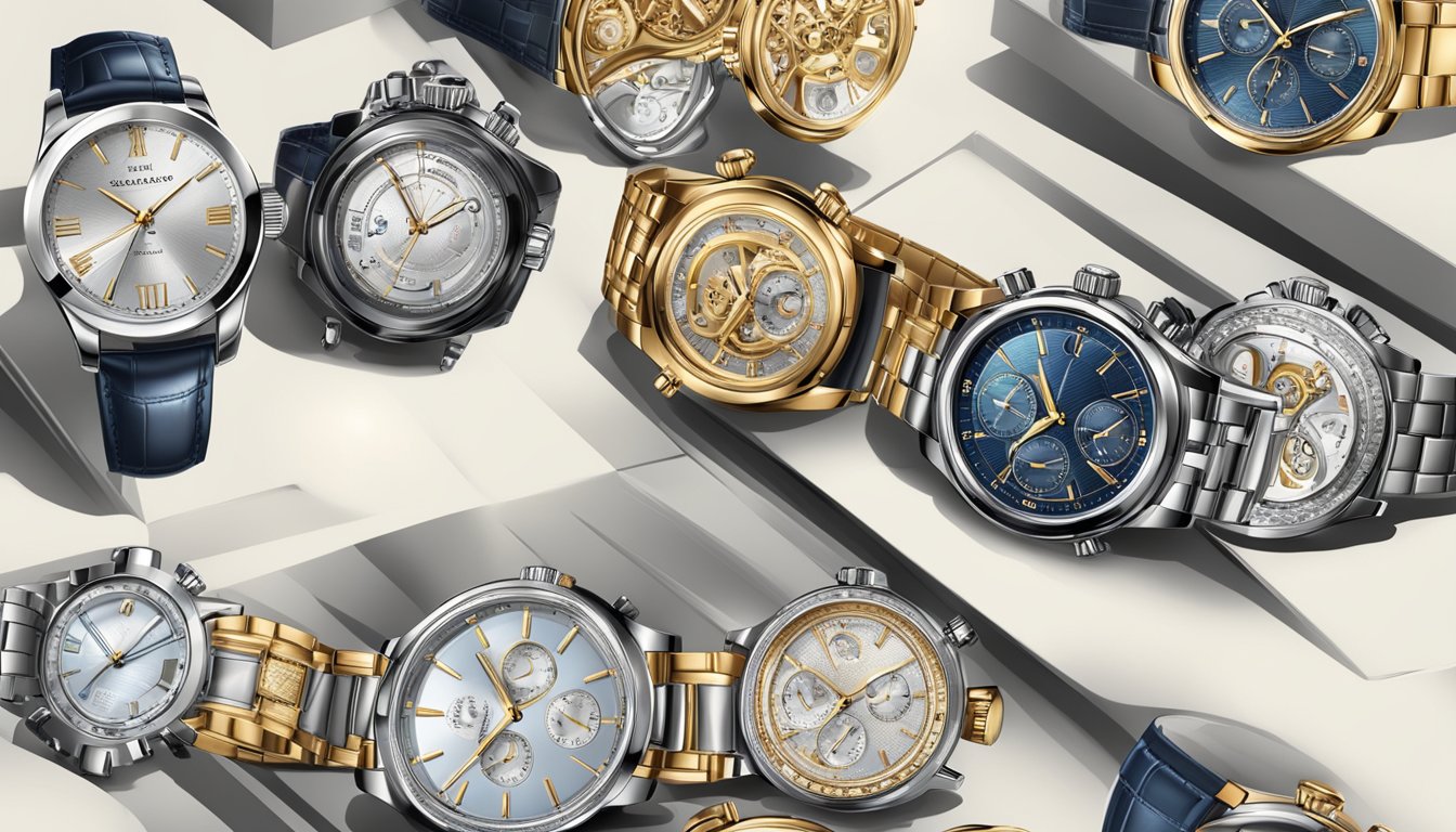 A display of luxury wristwatches, gleaming under spotlights, with elegant branding and intricate detailing