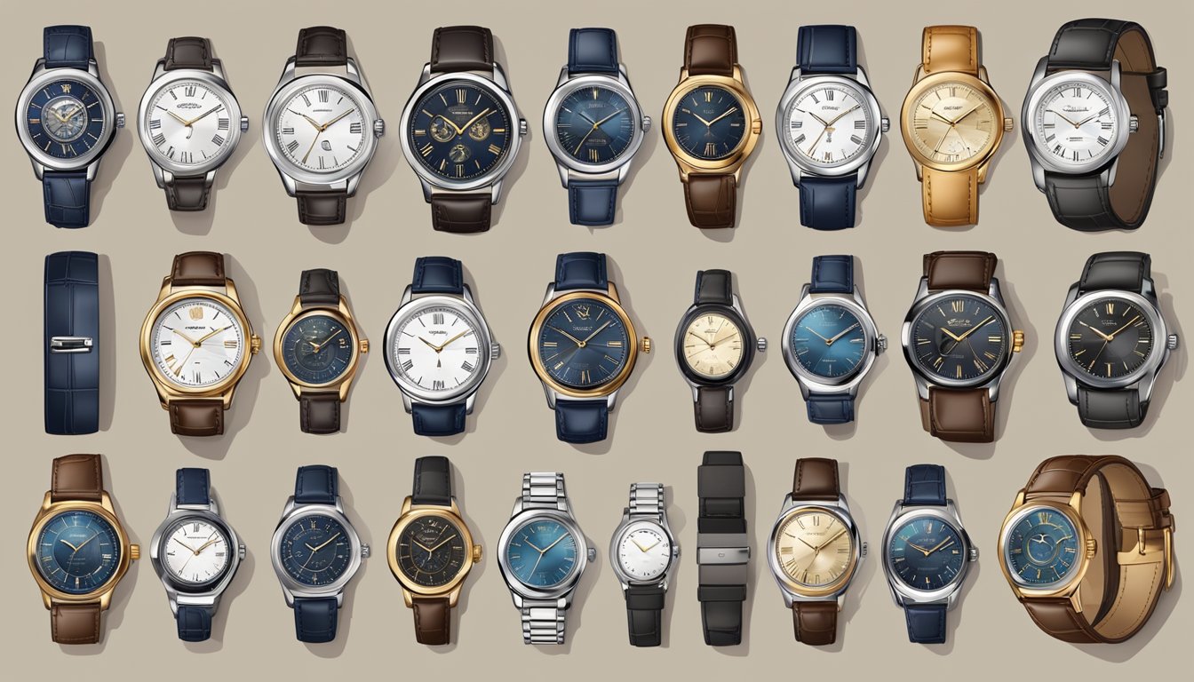 A display of luxury wristwatches with labels and logos, surrounded by elegant packaging and a backdrop of sophisticated branding materials
