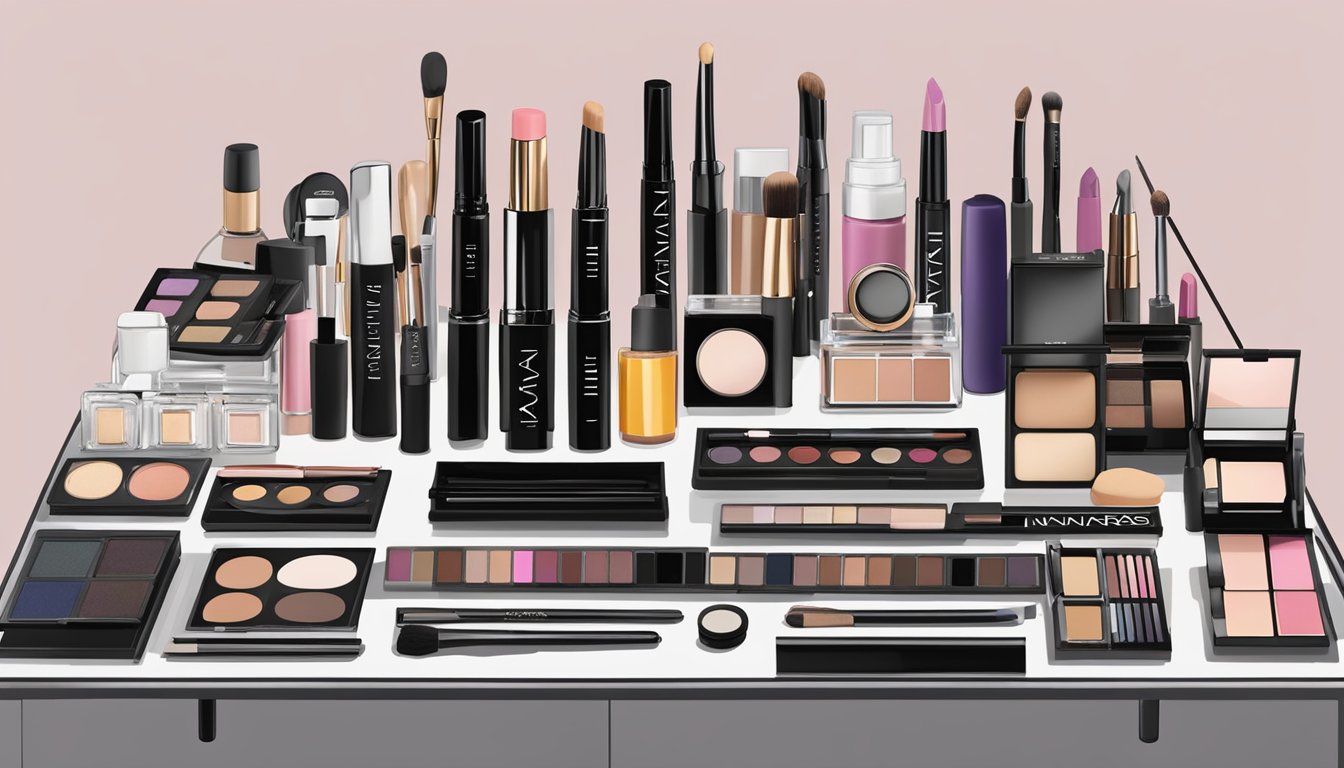 A table lined with high-end makeup brands: MAC, NARS, Bobbi Brown, and Anastasia Beverly Hills. Brushes, palettes, and products neatly organized