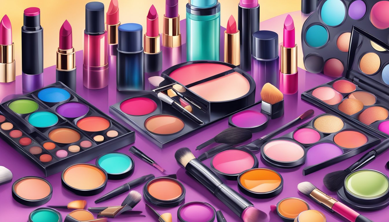 A table displays a variety of professional makeup products for different occasions, including vibrant eyeshadows, bold lipsticks, and specialized tools