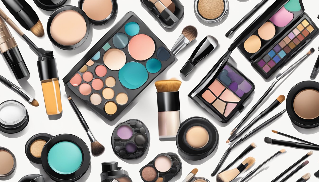 A table adorned with professional makeup artist essentials, including brushes, palettes, and skincare products from Beyond Cosmetics and other top brands
