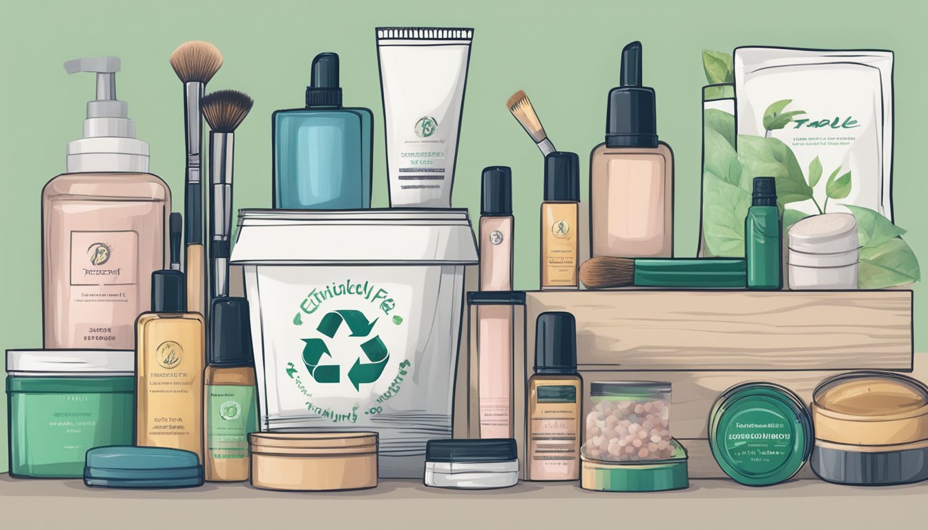 A table with cruelty-free makeup products, eco-friendly packaging, and natural ingredients. A recycling bin nearby. Ethical sourcing and fair trade logos displayed