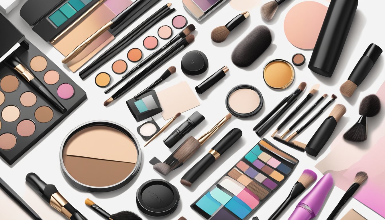 A makeup artist's logo and branding materials spread out on a clean, organized desk with a professional makeup kit and brushes neatly arranged nearby