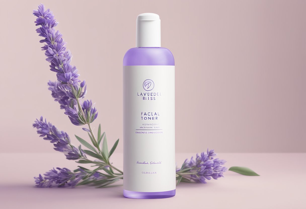 A bottle of Lavendel Bliss Facial Toner sits on a clean, white countertop with a soft, pastel-colored background. The bottle is sleek and modern, with the product name and logo clearly visible
