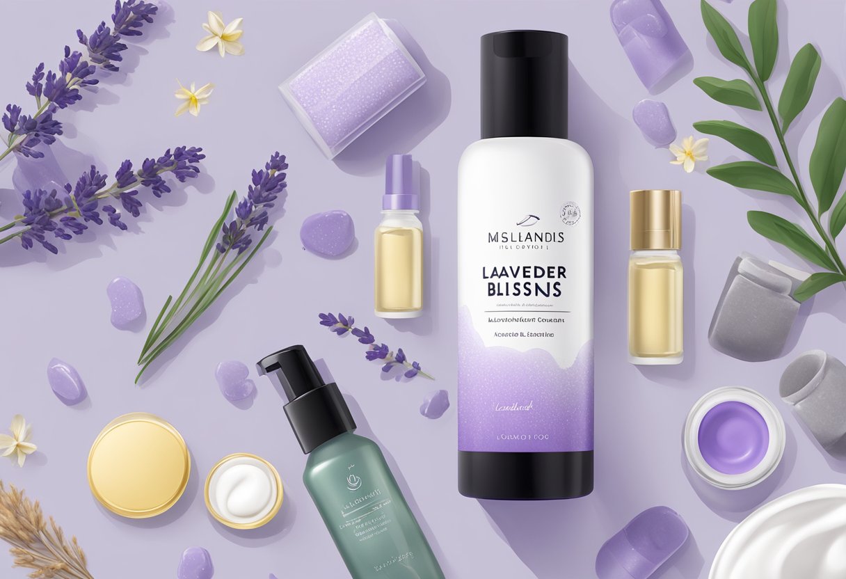 A bottle of Lavender Bliss Facial Toner surrounded by complementary skincare products