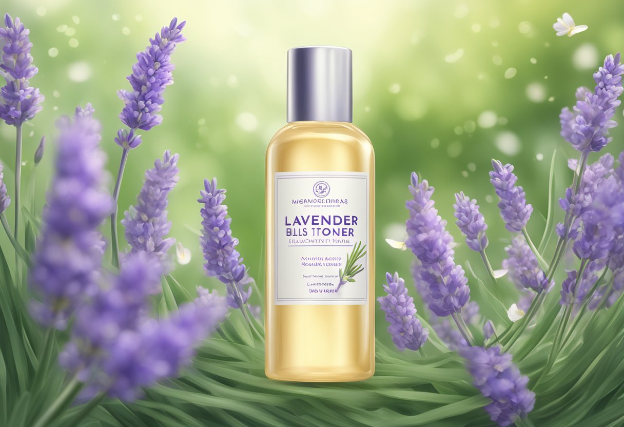 A bottle of Lavender Bliss Facial toner surrounded by fresh lavender flowers and green leaves, with a soft, calming light illuminating the scene