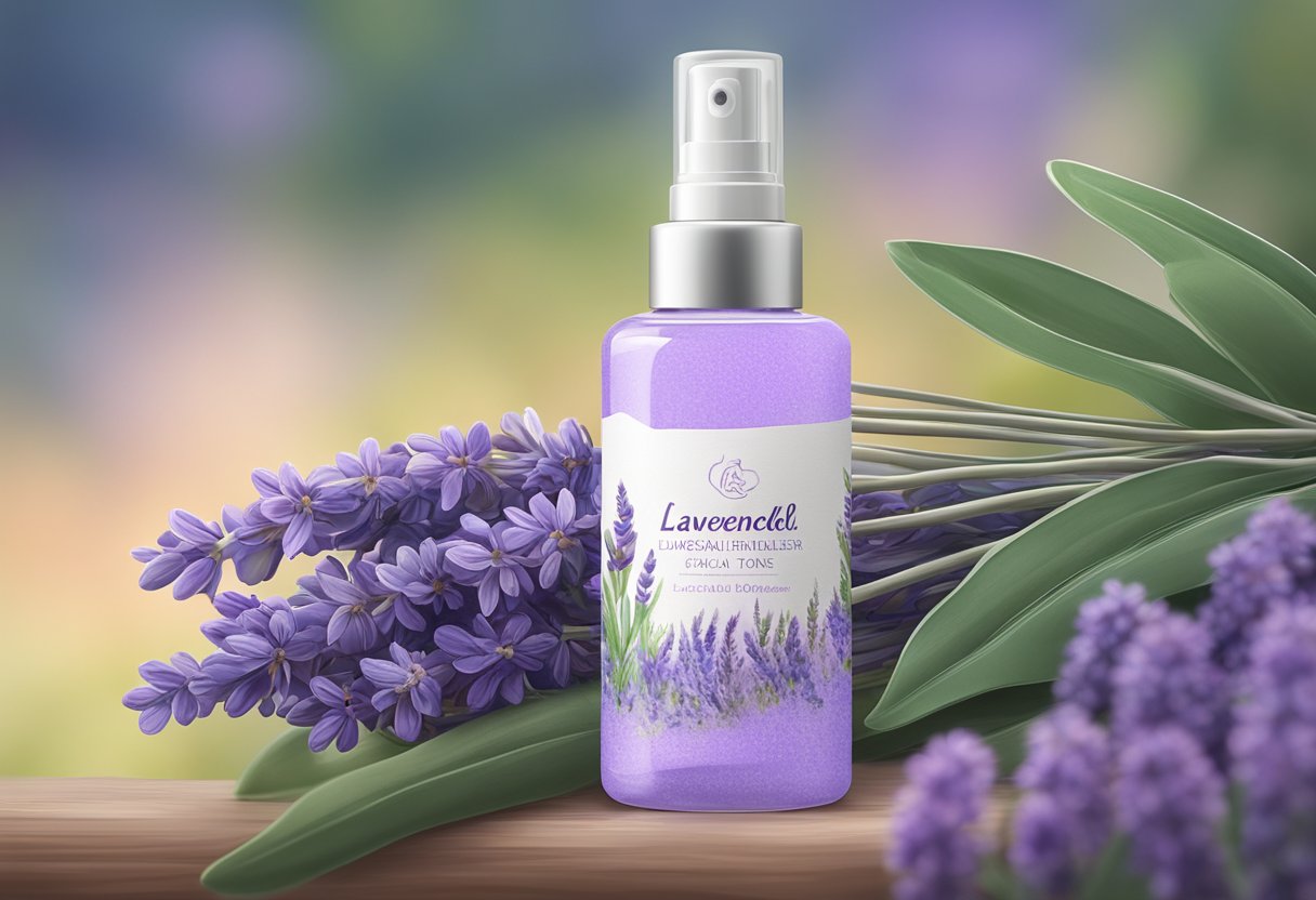 A bottle of Lavendel Bliss Facial Toner surrounded by lavender flowers and leaves, with a soft, calming background