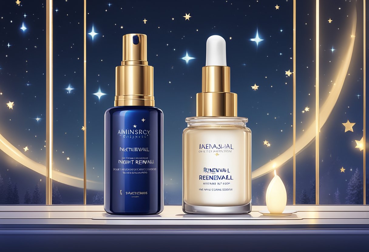 A bottle of night renewal serum sits on a sleek vanity, surrounded by soft candlelight and a backdrop of starry night sky