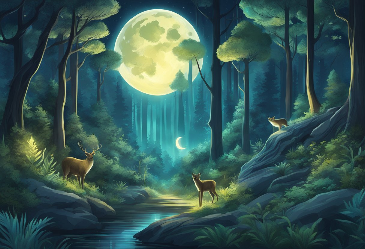 A moonlit forest with glowing plants and animals, surrounded by a shimmering aura of Night renewal serum