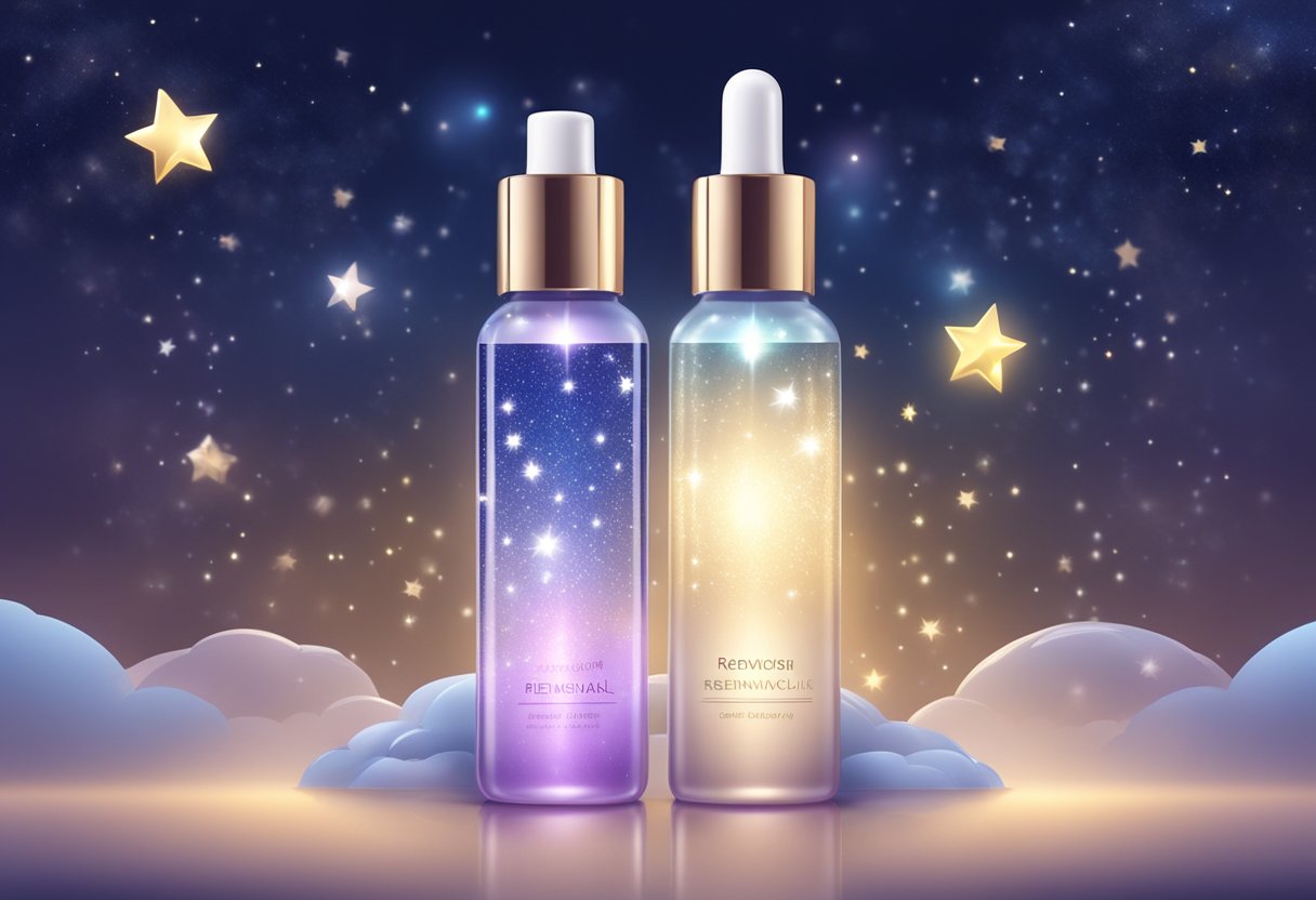 A bottle of night renewal serum surrounded by glowing stars and moonlight, with a sense of tranquility and rejuvenation in the air