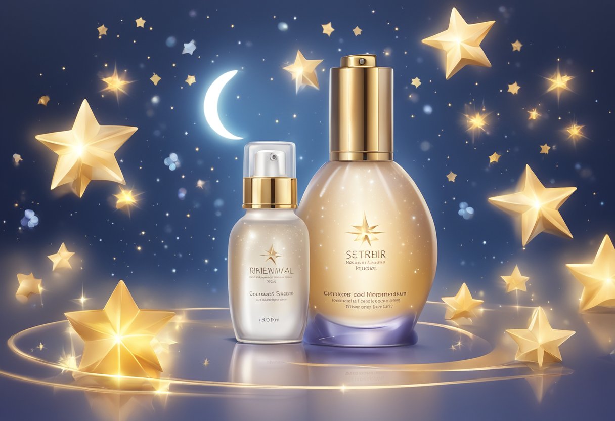 A bottle of night renewal serum surrounded by glowing stars and a crescent moon, with a soft, ethereal glow emanating from the product