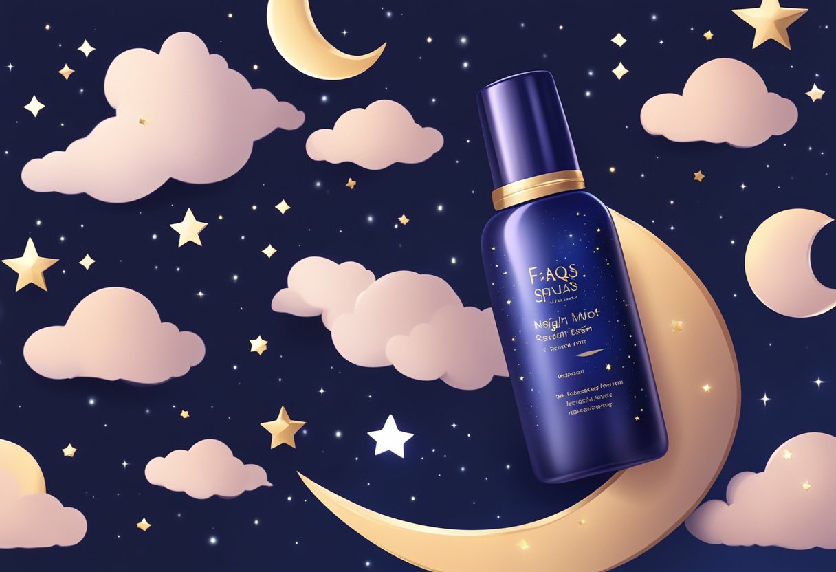 A bottle of FAQs Night renewal serum surrounded by glowing stars and a crescent moon in the night sky