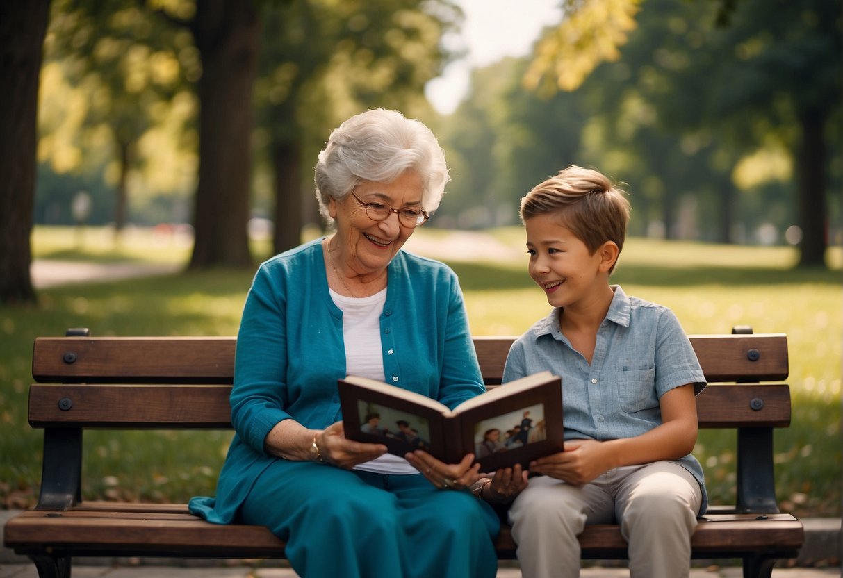 Grandma and grandson sit on a park bench, smiling and chatting. Grandma holds a photo album, pointing to pictures as she shares stories with her grandson