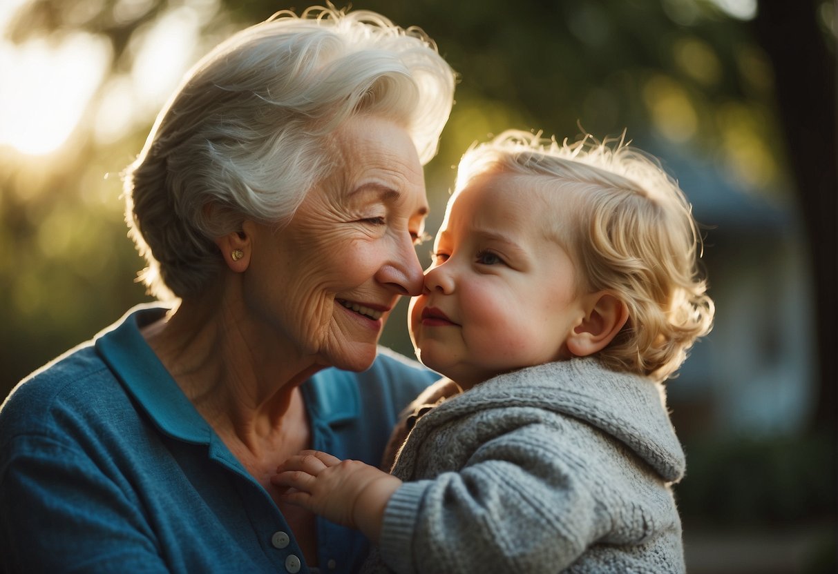 Grandma's love shines through in her warm embrace and kind words, "You are my sunshine," she whispers, holding her grandson close