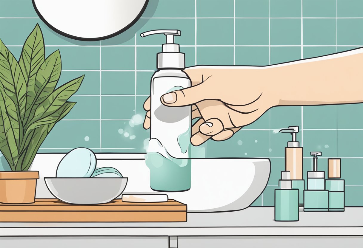 A hand reaching for a bottle of moisturizer on a bathroom counter, with a soft towel and a potted plant in the background