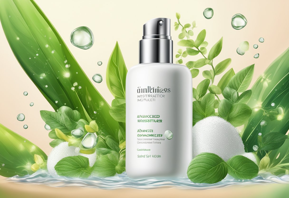 A bottle of advanced moisturizer surrounded by botanical extracts and water droplets, with a soft glow highlighting the product