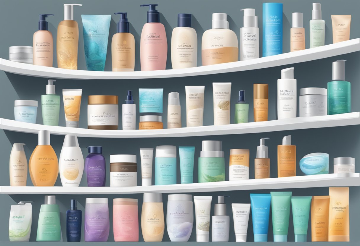 A hand reaches for various moisturizer options on a shelf, examining labels and textures. Light streams through a window, highlighting the products