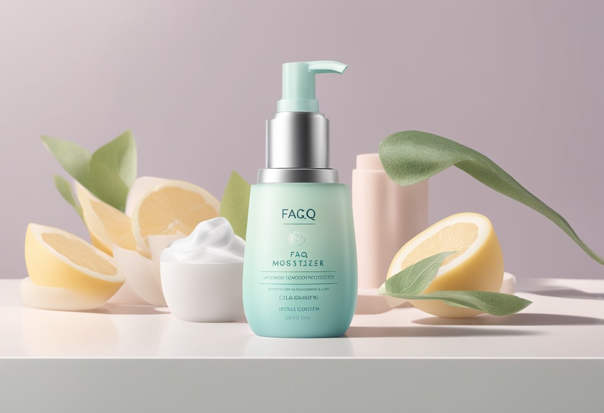 A bottle of FAQ moisturizer sits on a clean, white countertop, surrounded by soft, pastel-colored packaging and a subtle hint of dewy skin in the background