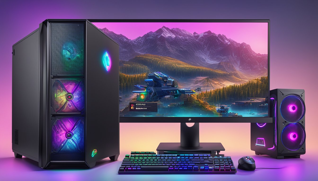 A gaming PC with RGB-lit components and brand logos, surrounded by upgrade tools and boxes from top gaming PC brands
