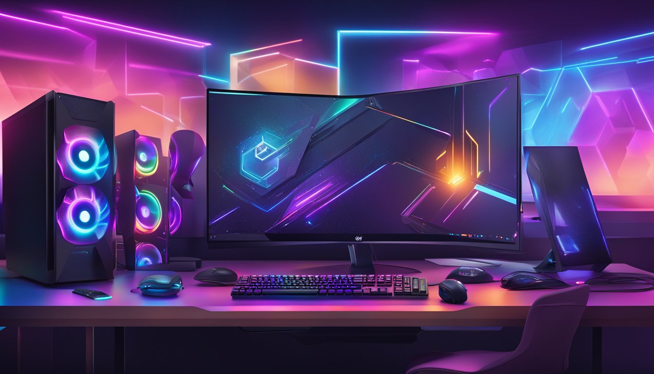 A sleek gaming PC sits on a desk, surrounded by colorful LED lights. The brand logo is prominently displayed, and the PC is connected to a high-resolution monitor and gaming peripherals
